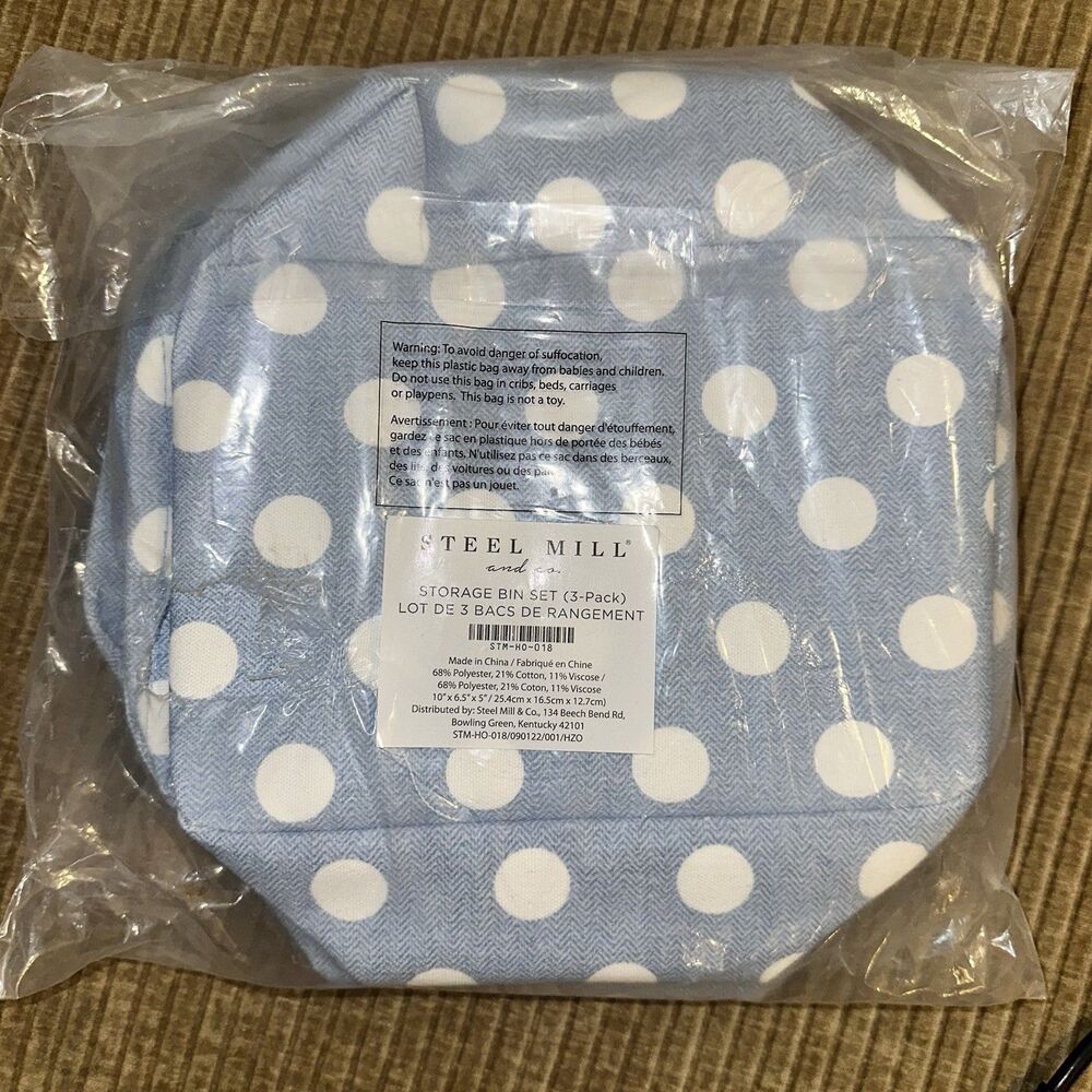 Steel Mill Storage Bin Set Of 3 - 10" X 6.5" X 5" Blue White Polka Dots